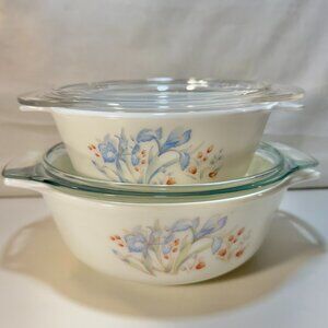 Pyrex England Blue Iris casserole dishes
